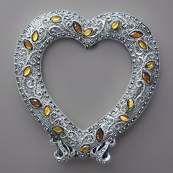 Filigree Style Heart-Shaped Desktop Frame Silver Tone Metal Yellow Rhinestones - Picture 2 of 10